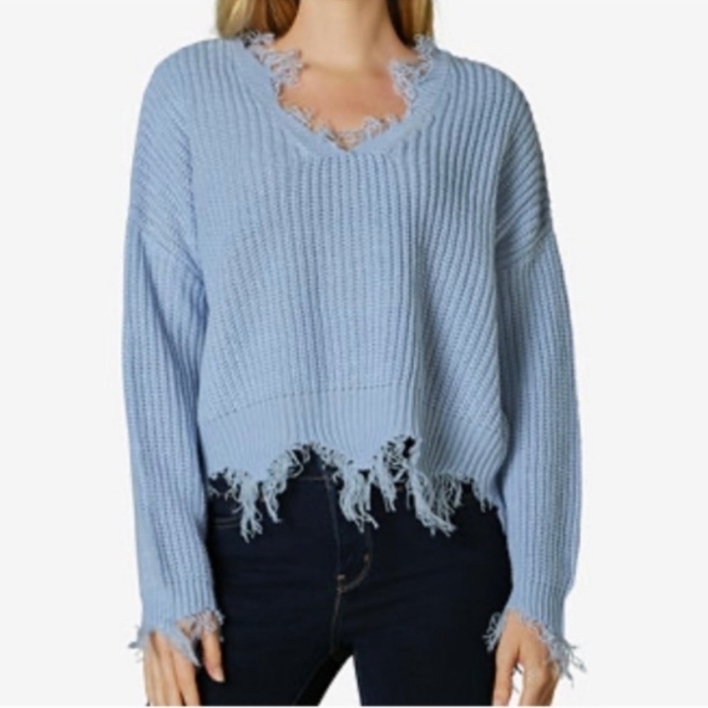 Zaful Frayed Hem Gray Sweater Size Med